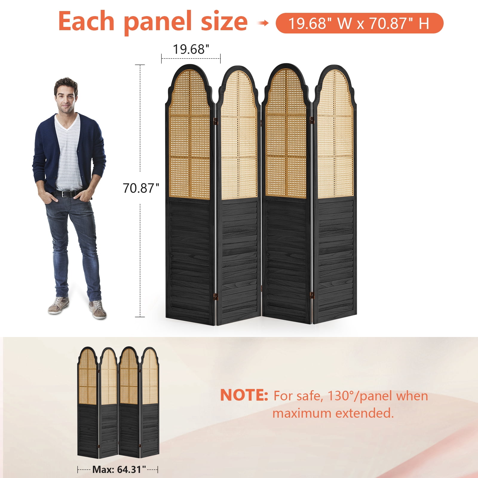 Aletheiawu 4 Panel Rattan Room Divider, Foldable Privacy Screen, No Installation Required, Black