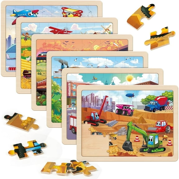 SYNARRY 4-in-1 Wooden Puzzle Set for Kids Ages 3-8 , Large Vehicle , 60 pcs Each, FSC Certified Jigsaw Puzzles