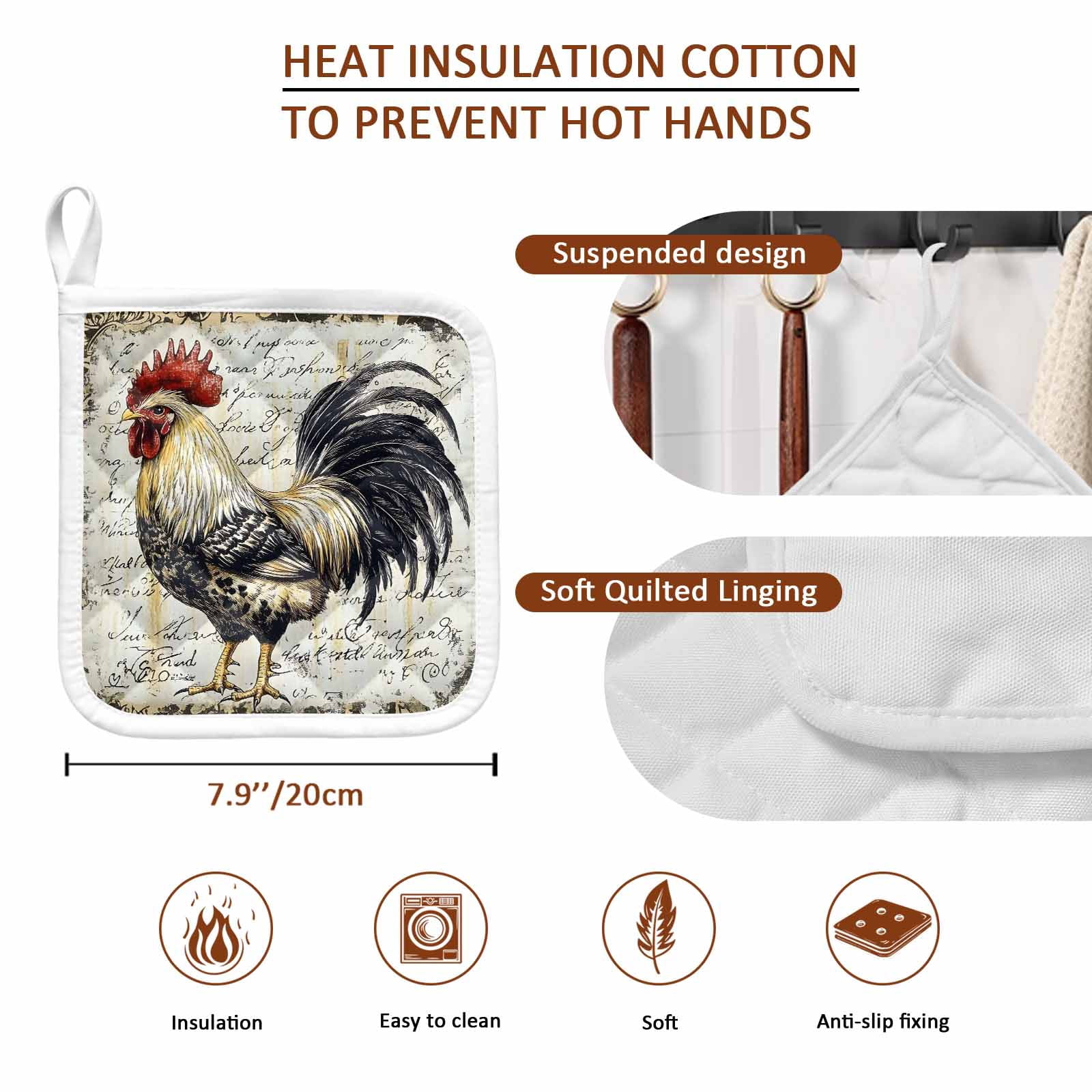 Vintage Rooster Pot Holders for Kitchen Heatproof Potholder, 4 Pack Watercolor Black Yellow Farmhouse Animals Hot Pads Multipurpose Oven Pads Cloth Potholders Trivet for Cooking and Baking