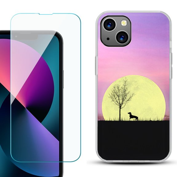 Slim-Fit Gel TPU Phone Case for iPhone 13 Mini, with Tempered Glass Screen Protector, by OneToughShield ® - Moonlight Dachshund