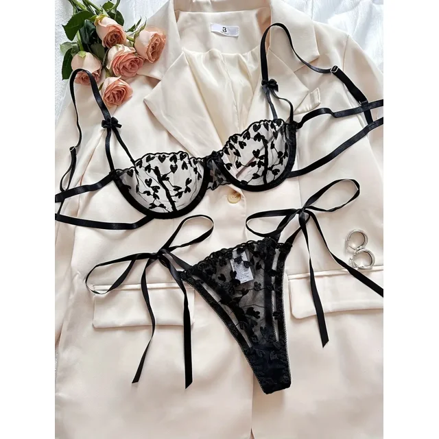 Conjunto de lencería con bordado de corazones, sujetador de malla sin forro y tanga de tiras, lencería y ropa interior sexy para mujer