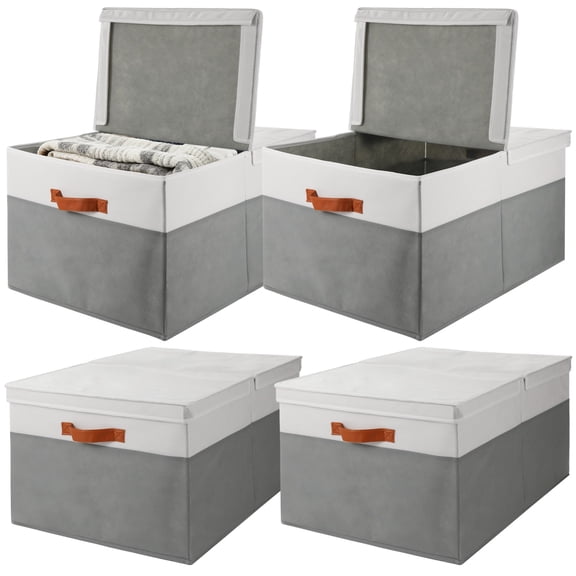 4PCS Large Closet Organizer Bins, Blanket Storage Basket with Lid, Foldable Non-Woven Fabric Storage Bin with Handles, Stackable Storage Cubes for Shelf Laundry Room Nursery, 22" x 16.7" x 11.8"