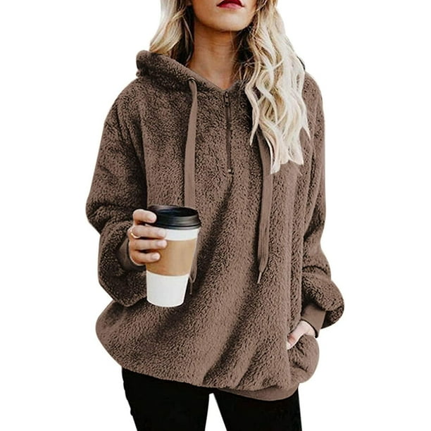 Womens Fuzzy Hoodies Pullover Cozy Oversized Pockets Hooded Sweatshirt  Athletic Fleece Hoo 