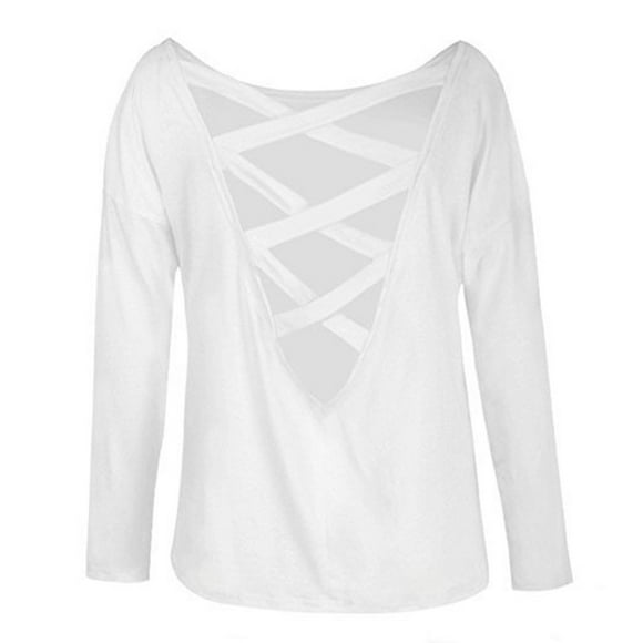 Clearance sale Long Sleeve T-shirt Women's Cut Out Loose Pullover Criss Cross Backless Sweater Shirt Top Crew Neck Sweater