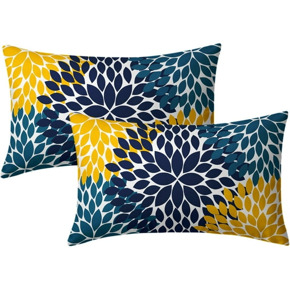 Navy Blue Yellow Pillow Covers 12x20 Teal Yellow Dahlias Flowers Throw Pillow Modern Farmhouse Rustic Lumbar Pillow Cases Set of 2 Home Decor for Living Room Bedroom Couch Cushion Outdoor