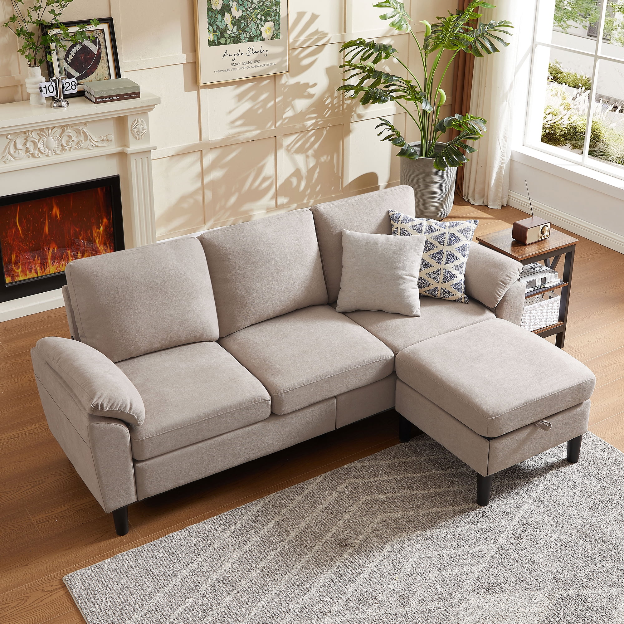 Jarenie 80" Convertible Sectional Sofa, Small L Shaped 3 Seat Couch with Reversible Storage Chaise, Modern Polyester Fabric Sofa Couches for Living Room, Apartment and Small Space, Beige