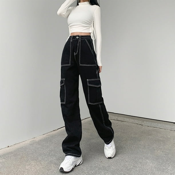 Casual Style Women Jeans with Side Pockets Fashionable Full Length Party  Wide Leg Pants Spring Autumn Trousers Streetwear Summer Birthday Gift S
