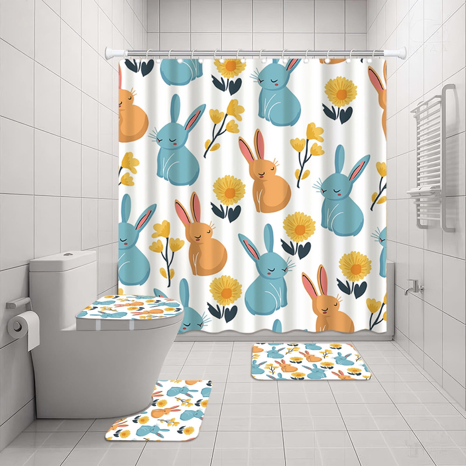 Costeam Easter Shower Curtain Set with Bunny Pattern, Waterproof Bathroom Decor with Holiday Theme for Easter Party Background Decoration