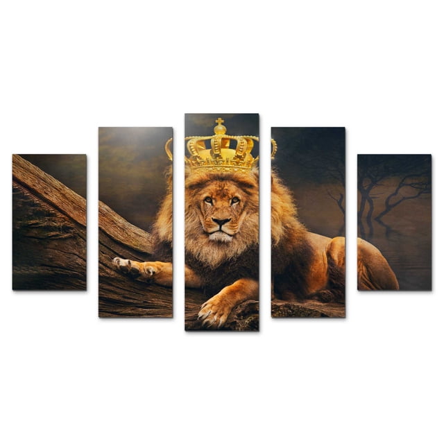 cuadro decorativo cuadros abigail selva león rey minimalista moderno elegante juego de 5 piezas 150cm x 80cm cinco paneles frontales con un león recostado y una corona dorada en el panel central; tonos naranja y tierra, impresión fotográfica laminada y marcos de madera de pino, disposición vertical escalonada y listo para colgar en sala o comedor; también suele usarse como punto focal decorativo sobre la cabecera de una cama o en oficinas.