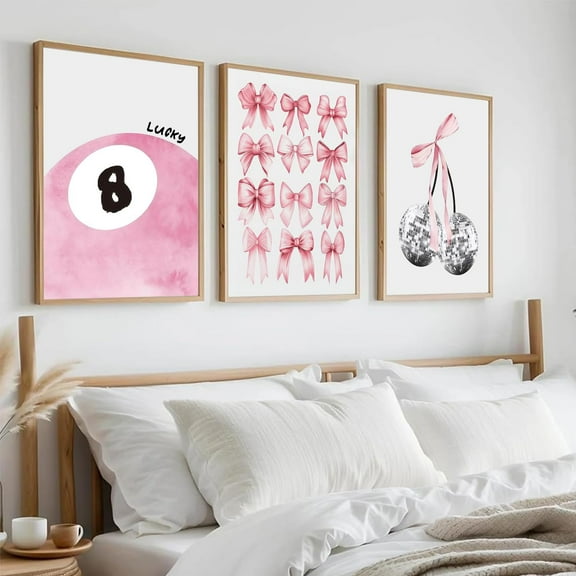 Trendy Pink Bows Wall Art Set of 3 Coquette Preppy Cherry Wall Decor Light Pink Cute Girly Lucky 8 Ball Canvas Poster Prints Aesthetic for College Dorm Living Room Bedroom d 16x24 Inch
