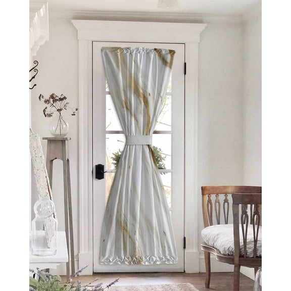 Abstract White Gold Blackout Curtains French Door Curtains for Door Window, Simple Marble Geometric Privacy Drapery for Patio/Sidelight Doors, 1 Panel with Tieback, 25 x 72 Inches