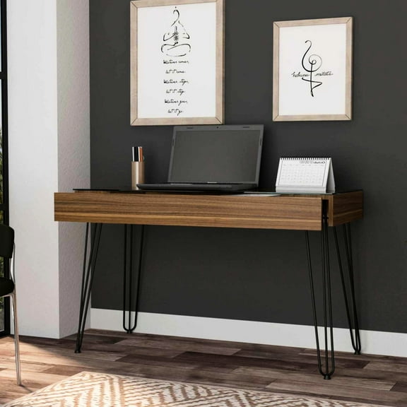 Work Desk With Metal Hairpin Legs And Protected Glass Brown Table Desktop