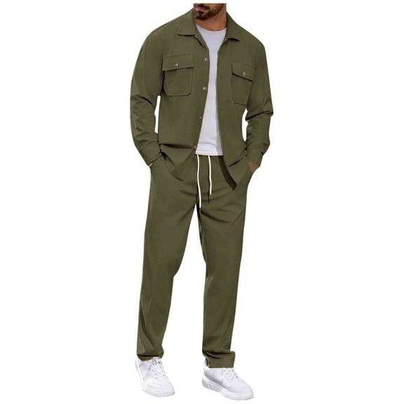 USNSM Men's Fall Winter Solid Color Corduroy Loose Casual Sport Pocket Drawstring Pants Button Long Sleeve Lapel Top Suit Green S