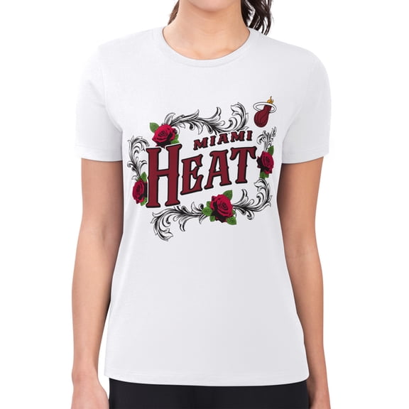 Women's G-III 4Her by Carl Banks White Miami Heat Super-Slim Fit Lightweight Roses Crew Neck T-Shirt