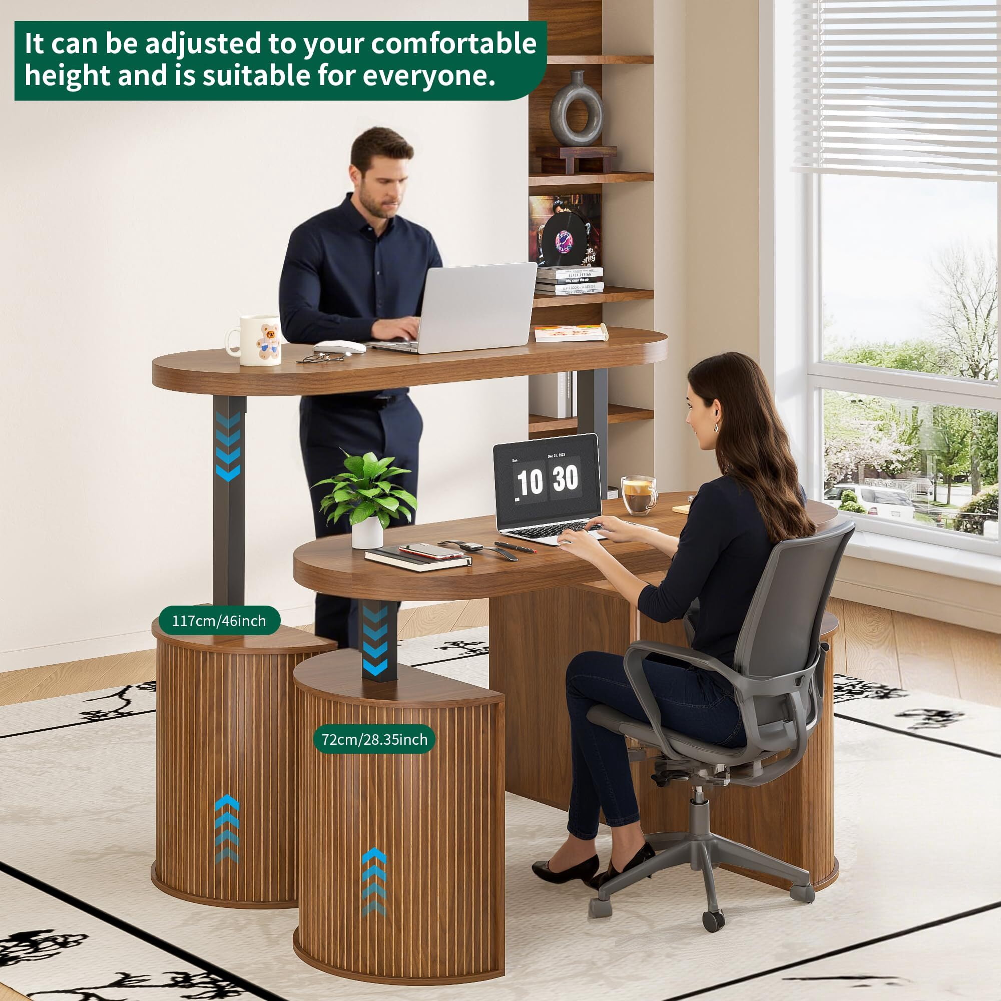 Mid Century Modern Electric Standing Desk with Storage, 55x22 Small Sit Stand Adjustable Height Computer Desk for Home Office