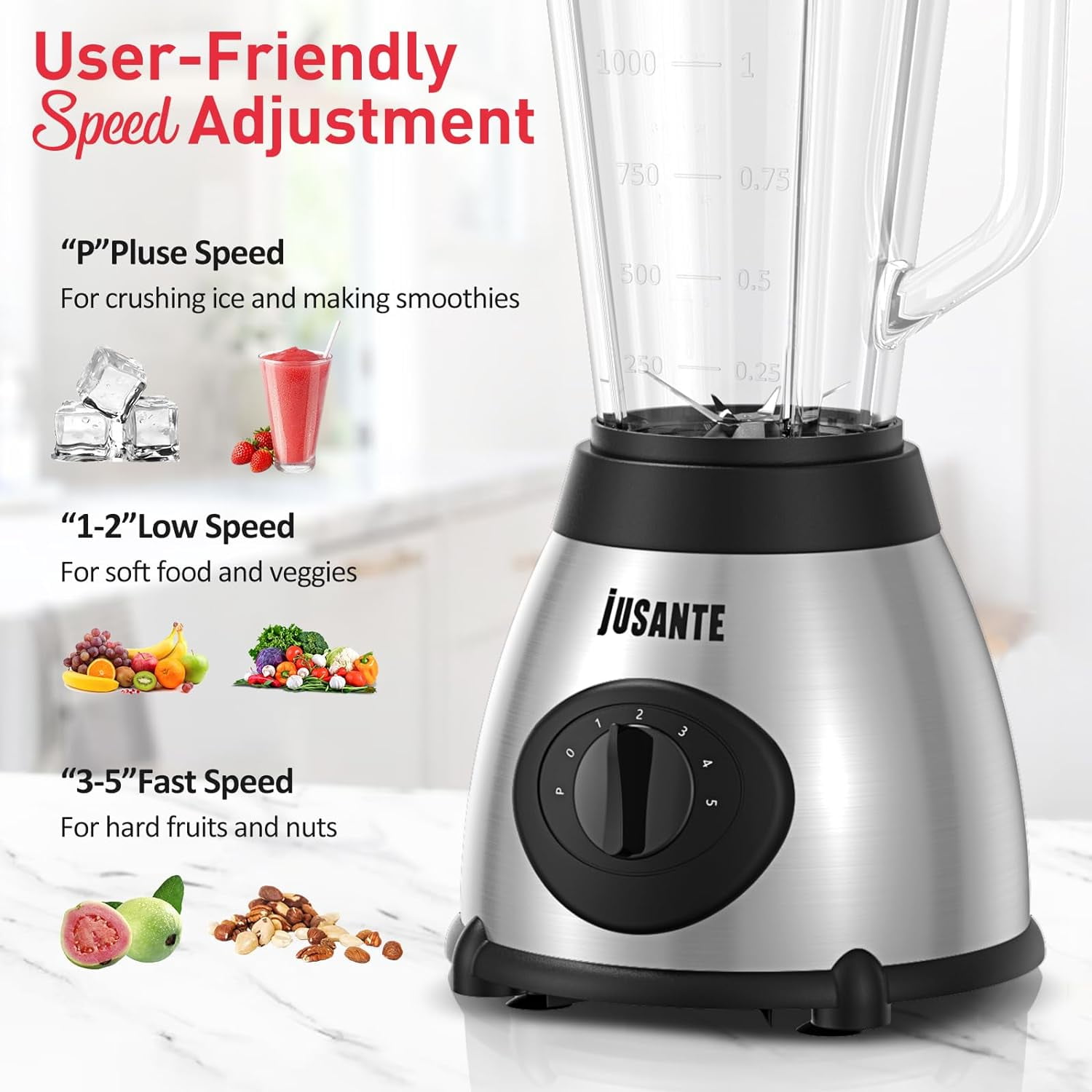 Smoothie Blender, Professional Blender Juicer for Kitchen Countertop Ice Crusher or Juice, Milkshake, Dessert (Silver)