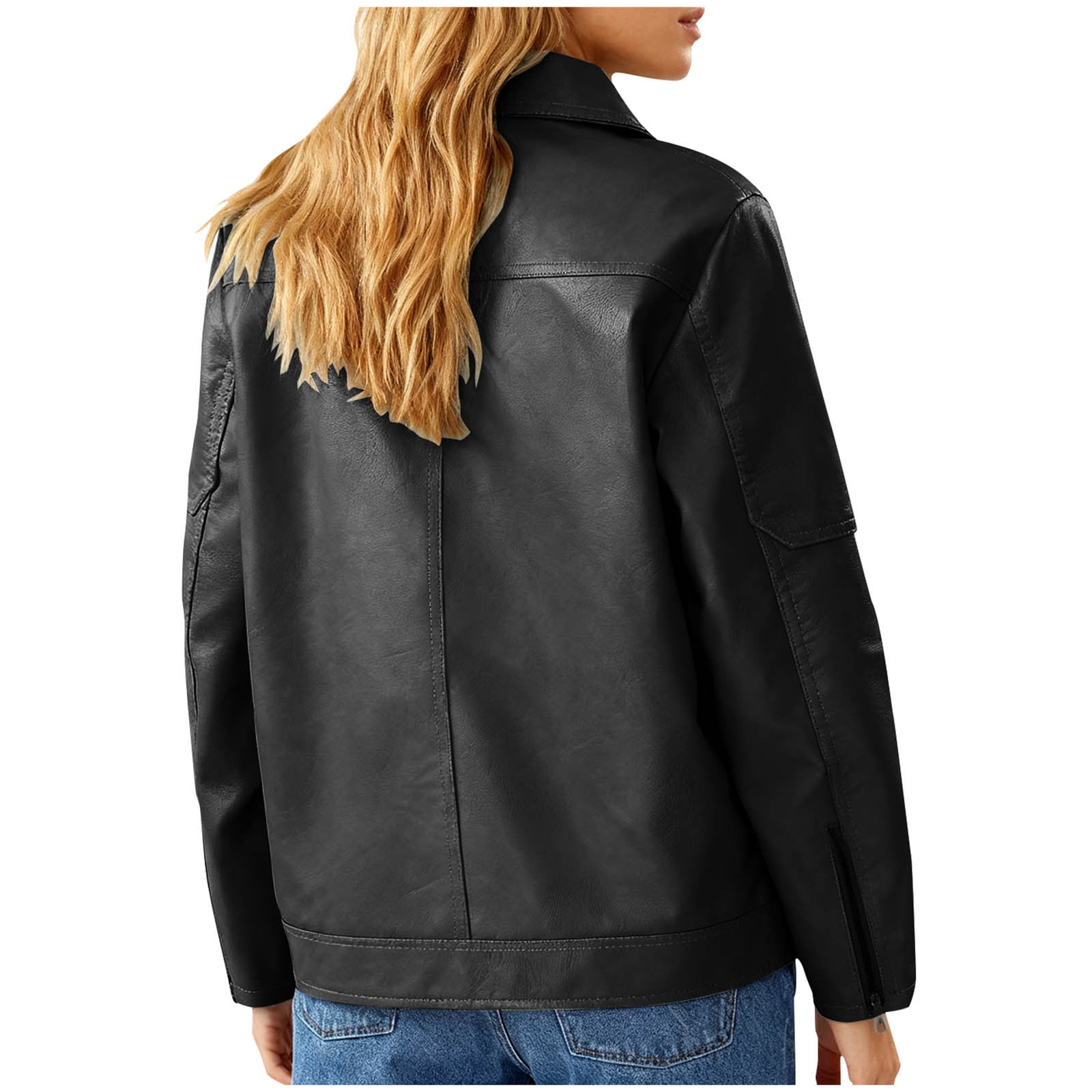 Uootdi Cropped Leather Jacket for Women Vintage Style Motorcycle Bomber Jacket Faux Leather Lapel Neck Zip Up Long Sleeve Coats Fall Going Out Jackets