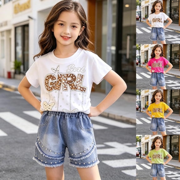 Hrsba Little Girl Outfits Short Sleeve Crew Neck Tee And Elastic Waist Pearl Decor Denim Shorts Two Piece Set