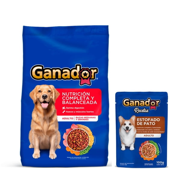 Ganador Adulto 25 kg + Sobre Estofado Pato 100 g (22 Pzas)