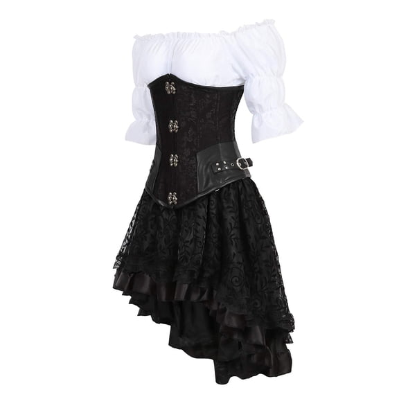 Grebrafan Women 3-Piece Steampunk Costume Set (Blouse, Black Corset, Skirt) 2XL