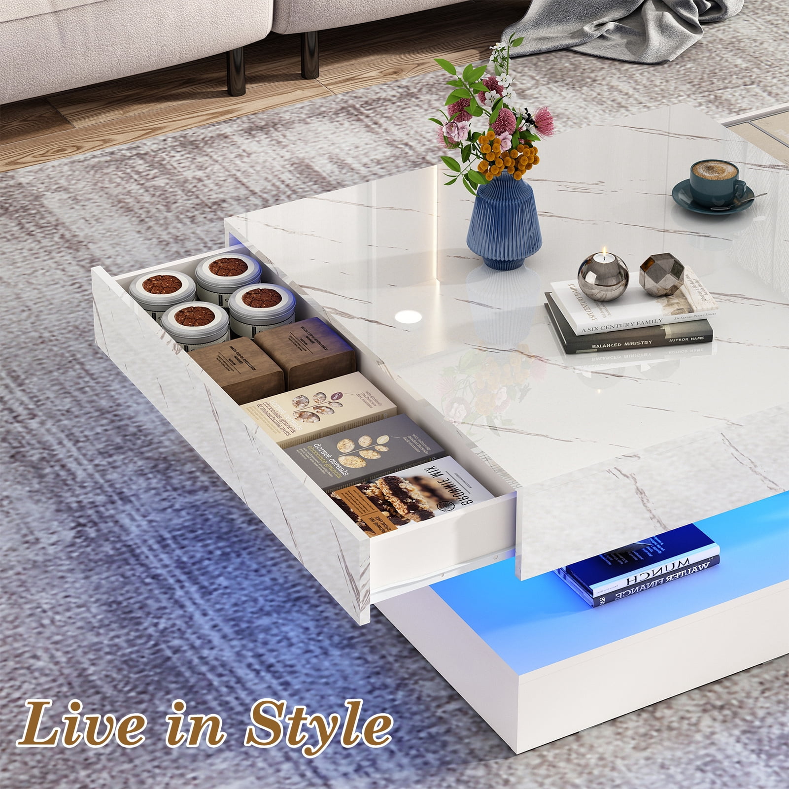 ChVans 34" LED Square Coffee Table with 2 Drawers, 2-Tier White High Glossy Coffee Table with Led lights & Storage Drawer, Modern Living Room Tables