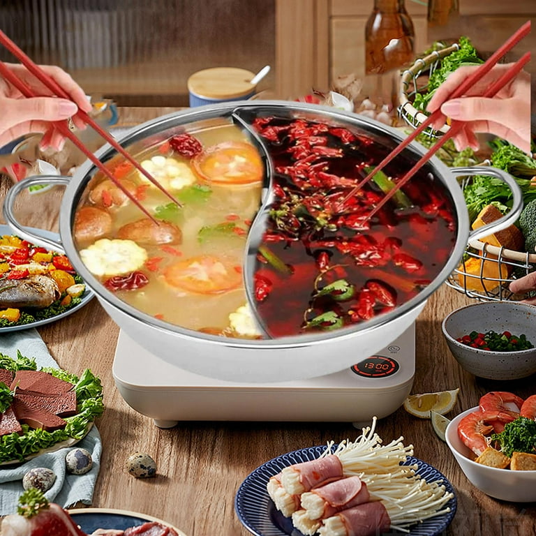 Hot Pot with Divider for Induction Cooker Dual Sided Soup Cookware  Two-flavor Chinese Shabu Shabu Pot for Home Party Family Gathering, 4.5  Quart (Red)