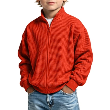 Nsxcdh Jacket Tops for Kids Waffle Knit Full Zip Stand Collar Long Sleeve Solid Casual Outerwear Coat for Boys Girls Autumn Windy Outdoor Travel 5 Years Red