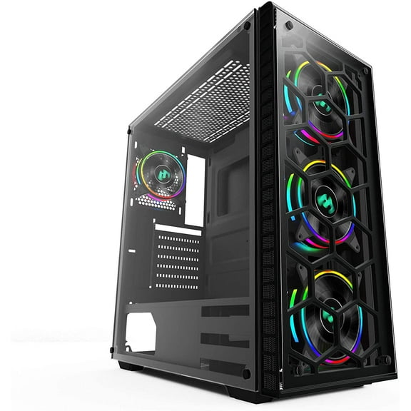 MUSETEX 903-S4 ATX Mid Tower Gaming Computer Case Tempered Glass, Computer Gaming Case Window Desktop/PC Including 4X 120mm Case Fan, USB 3.0 Ports & Cable Management, Black, 903-4 RGB Fans