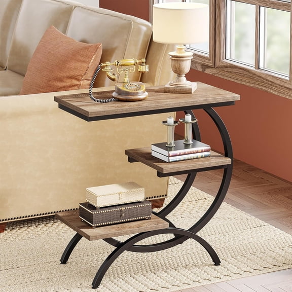 Finmind C Shaped 3-Tier Side Table for Couch, Industrial Wood Bedside Table End Table, 3-Tier Couch Table for Small Spaces, Living Room, Light Brown