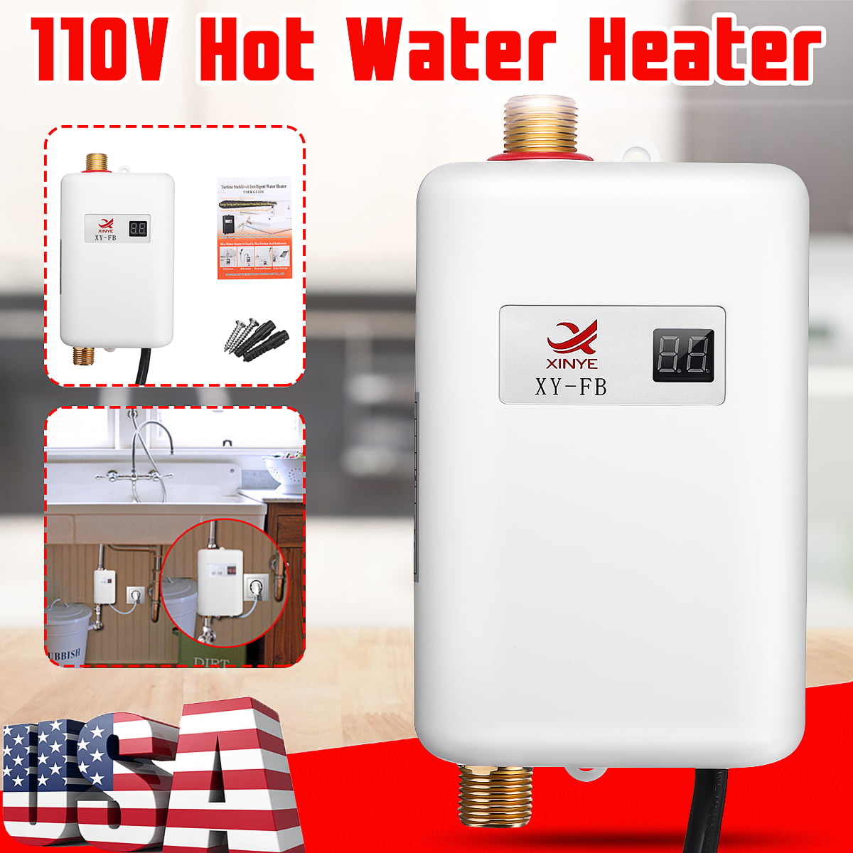 110V Instant Electric Tankless Hot Water Heater Shower Kitchen Bathroom 3.8KW 