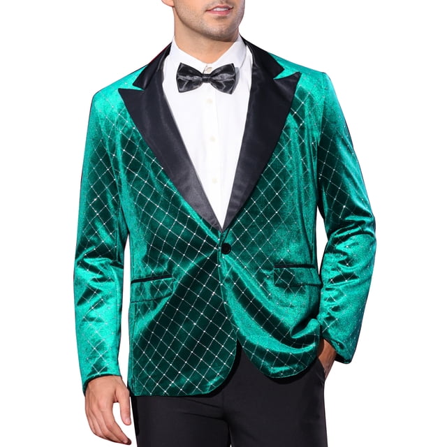 BLAZERS DE VELVET PICO DE LAPEL ARGYLE DE HOMBRE INSPIRE CHIC CON UN BOTÓN BRILLANTE M VERDE