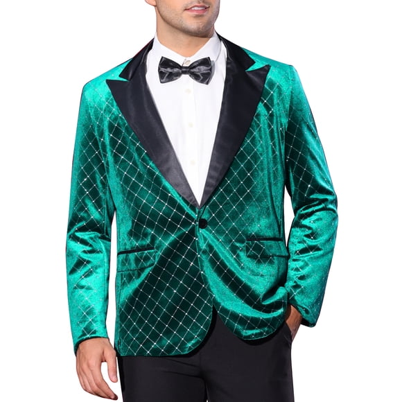 INSPIRE CHIC Men's Blazers Velvet Peak Lapel Argyle One Button Shiny Blazers M Green