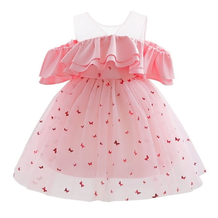 

NZRVAWS Toddler Baby Girls Dress 5 Years Girls Bow 6 Years Girls Butterfy Sequins Panel Sleeveless Flouncing Full Mesh Dress 1PCS Princess Dress Pink