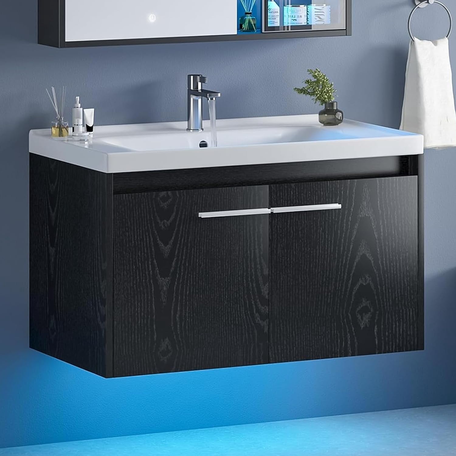 DreamCurship 31” Bathroom Vanity with Sink, Floating Bathroom Vanities with Adjustable LED Light, Bathroom Sink Cabinet with 2 Doors, Black