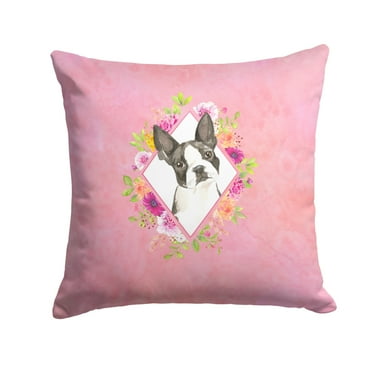 Boston Terrier Pink Flowers Fabric Decorative Pillow