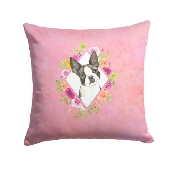 Boston Terrier Pink Flowers Fabric Decorative Pillow