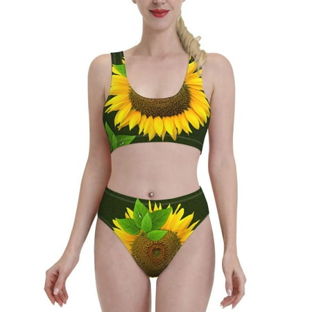 Bixox Sunflower Pattern Two-Piece Sports Bikini with U-Shaped Top and High-Waist Bottom - Women s Swimwear with Removable Bra Pads