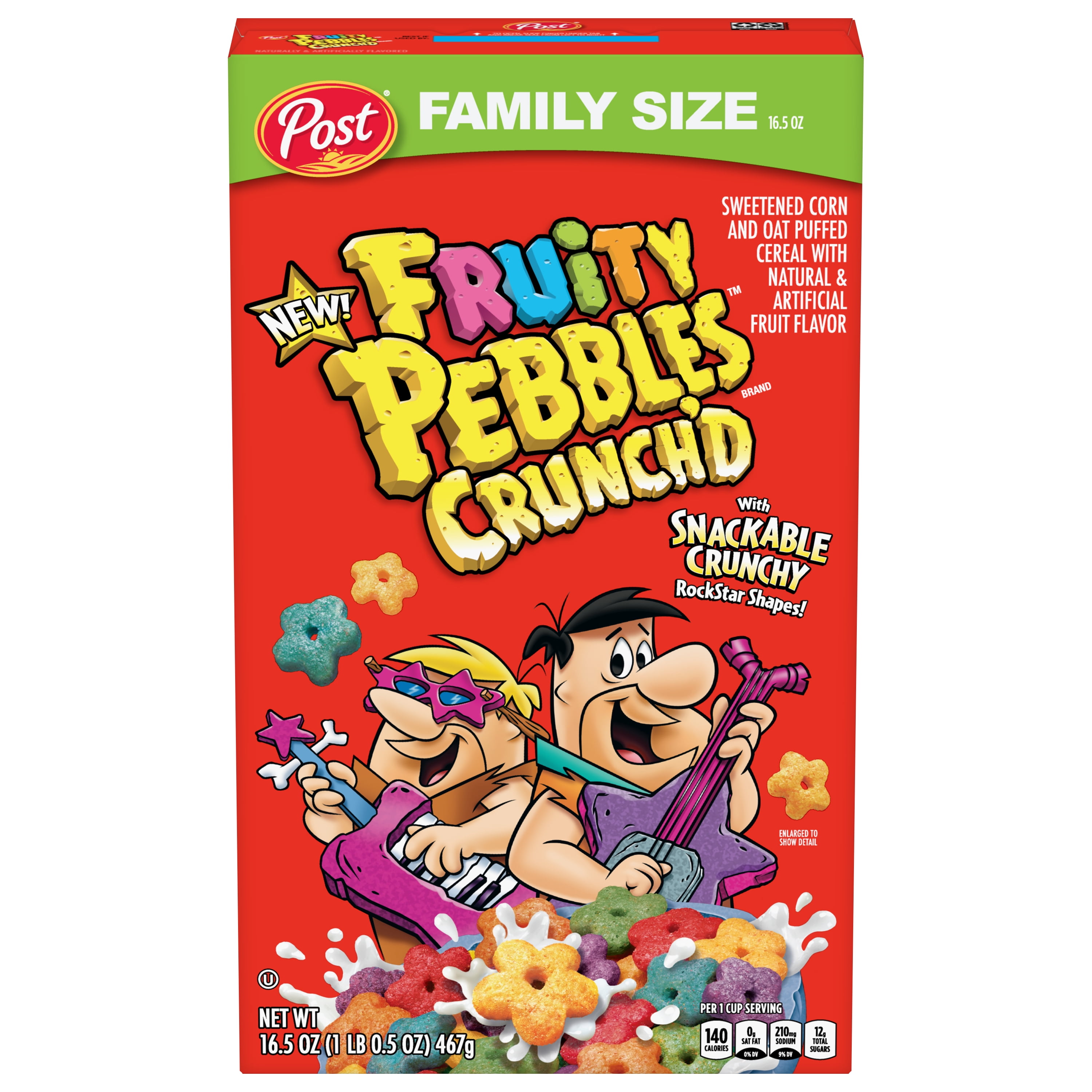 Post Fruity PEBBLES Crunch'D Breakfast Cereal, Fruity Family Size Cereal, 16.5 OZ Box