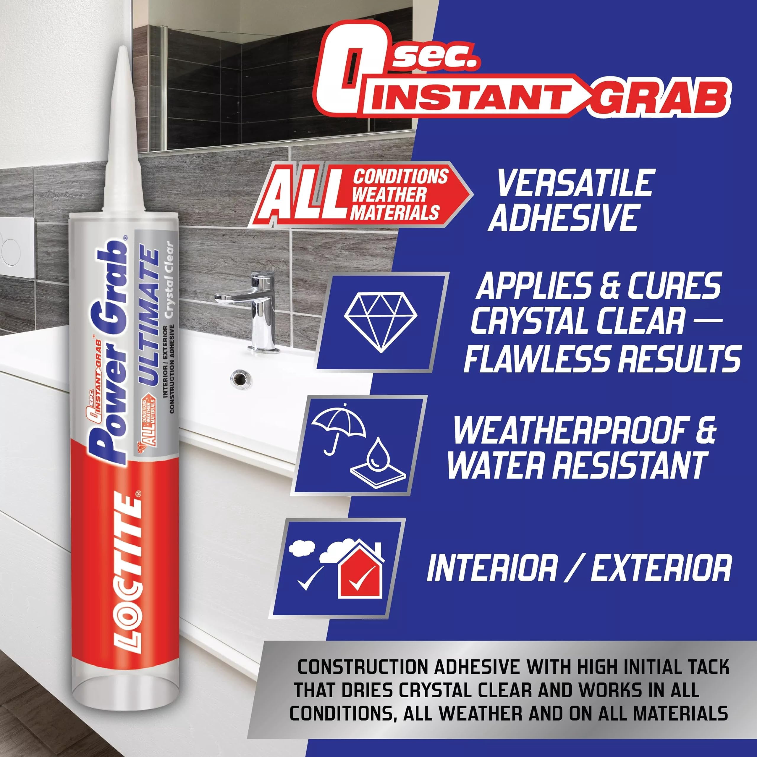 6-pack Loctite Power Grab Ultimate Construction Adhesive - Crystal Clear, Waterproof - 6 Pack, 9 fl oz — Residential Use, Standard Application