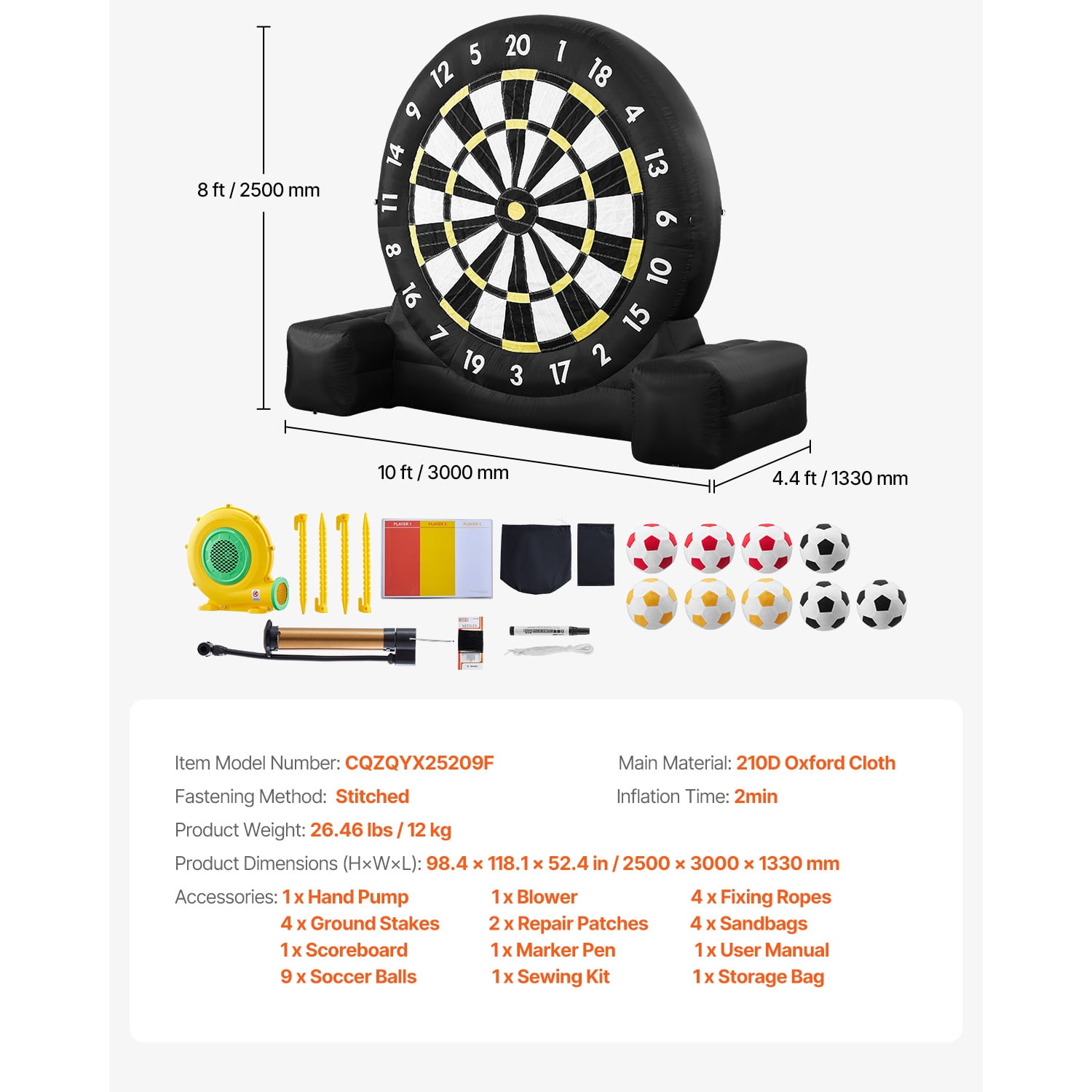 KFFKFF Blow-up Soccer Dartboard, Surpassing 8 ft Tall Massive Soccer Dartboard with 9 Kick Balls & Inflation Device, Trio Colored Balls & Quick 120-Seconds Assembly