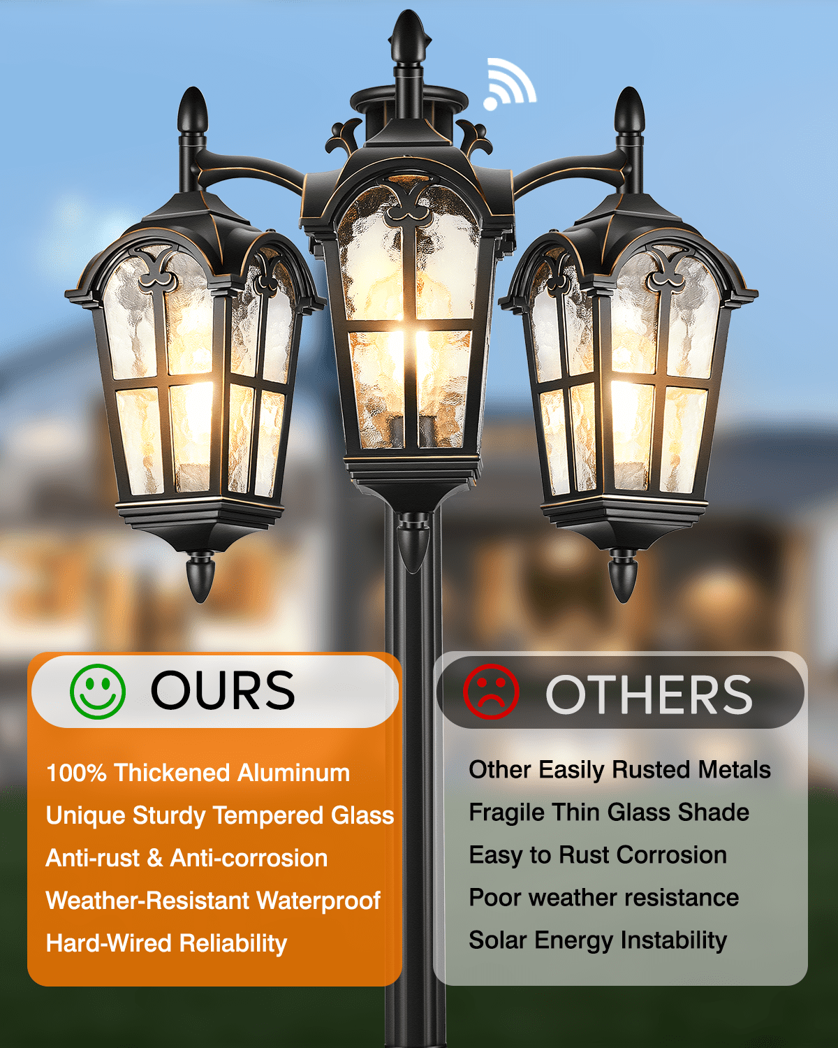VIANIS Outdoor Post Lights Dusk to Dawn, Anti-Rust Vintage Lamp Posts Outdoor Lighting, 3-Head Aluminum Outdoor Street Fixture with Ripple Glass, Exterior Pole Lights for Yard Garden Driveway