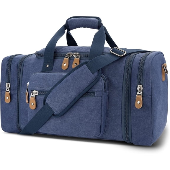 Canvas Duffle Bag for Travel 50L Expandable Duffel Weekend Overnight Bag men (Blue)