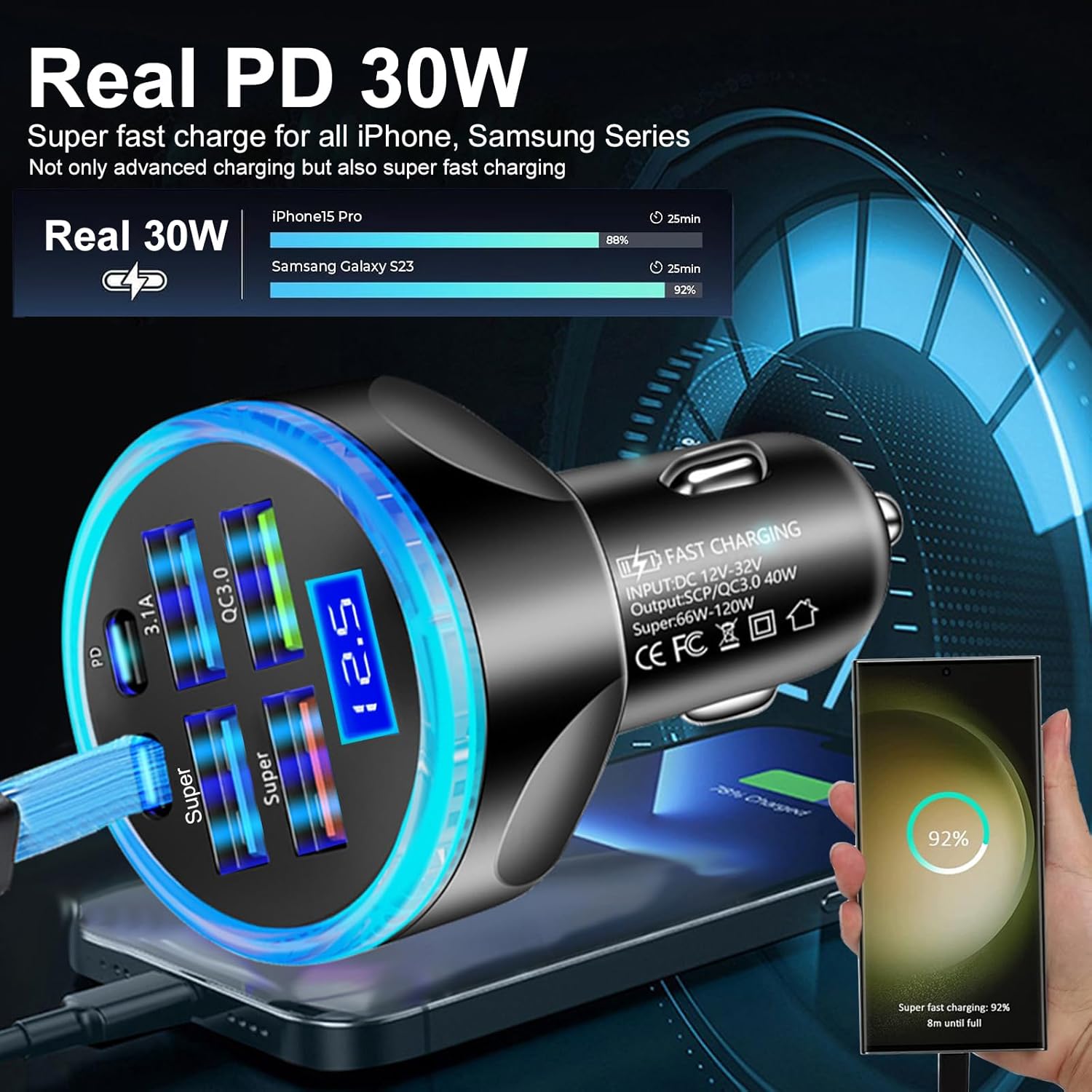 Full PD 30W Multi Port USB C Car Charger Adapter 6 in 1 with Voltage Display, PD4.0/QC4.0/PPS/AFC Super Fast Charging Cigarette Lighter Adapter with Volt Meter for MacBook iPhone Galaxy Android