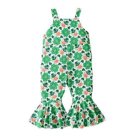 

GXFC Toddler Girls Irish Festival Jumpsuit Little Girl Shamrock Stripe Print Sleeveless Flare Pants Playsuit Kids One Piece 1-5T
