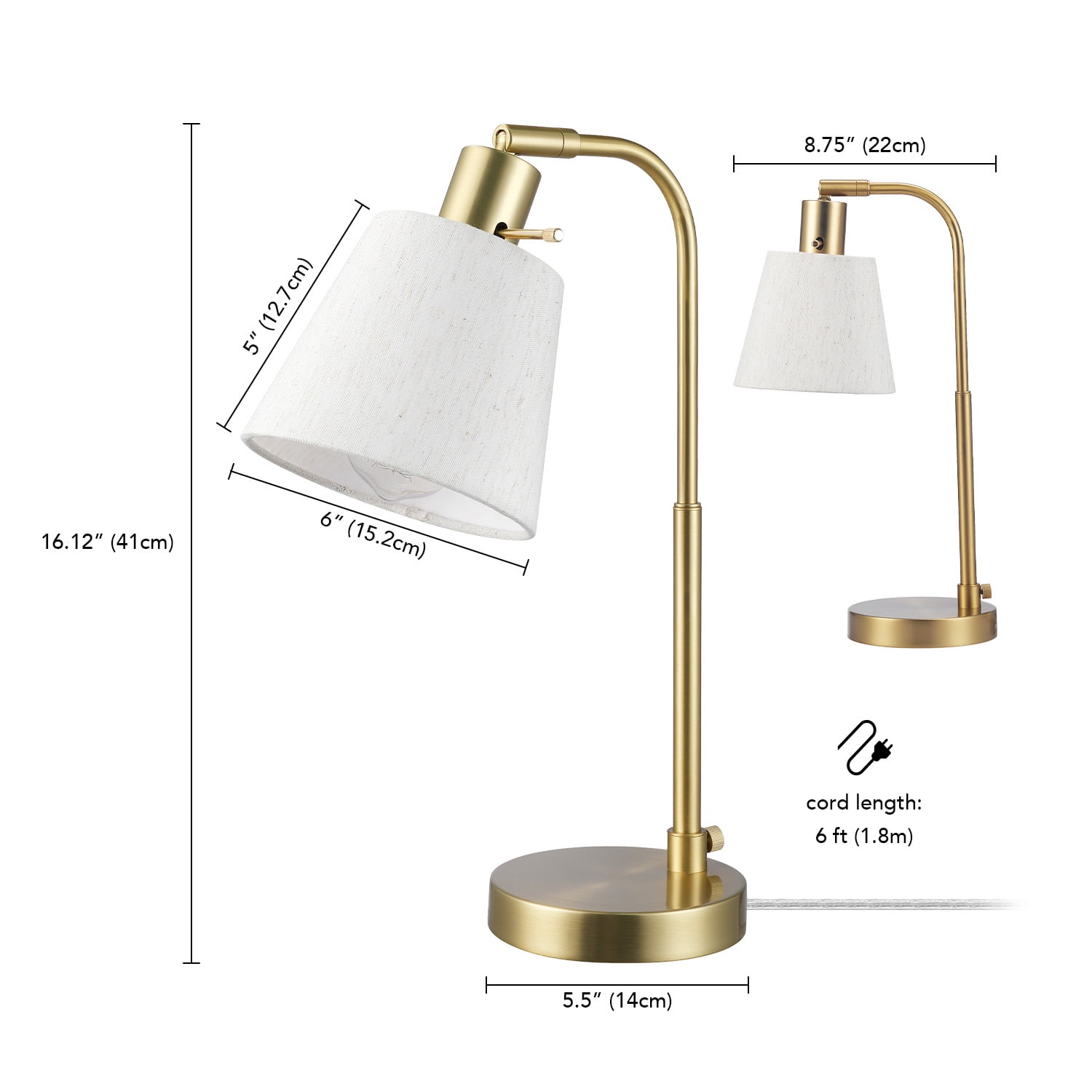 Globe Electric 16" Matte Brass Desk Lamp with White Linen Shade, Modern Style, 91006814