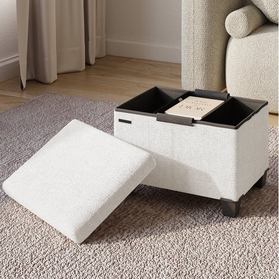 Hearth & Harbor Storage Ottoman Bench, Boucle 16" Ottoman with Storage , White