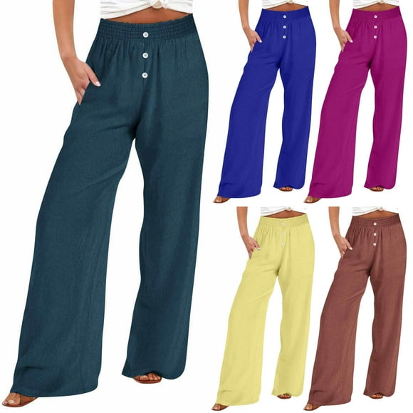 Button Detail Wide Leg Trousers, High Waisted Loose Fit Paperbag Pants for Women, Casual Work Office Slacks with Elastic Waist, Business Casual Trousers [Professional Style Gifts]