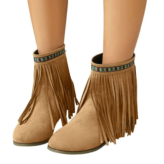 Boho Ethnic Cowboy Boots for Women Bohemian Long Fringe Suede Pointed Toe Wide Mid Calf Cowgirl Dress Booties Beige Size 6
