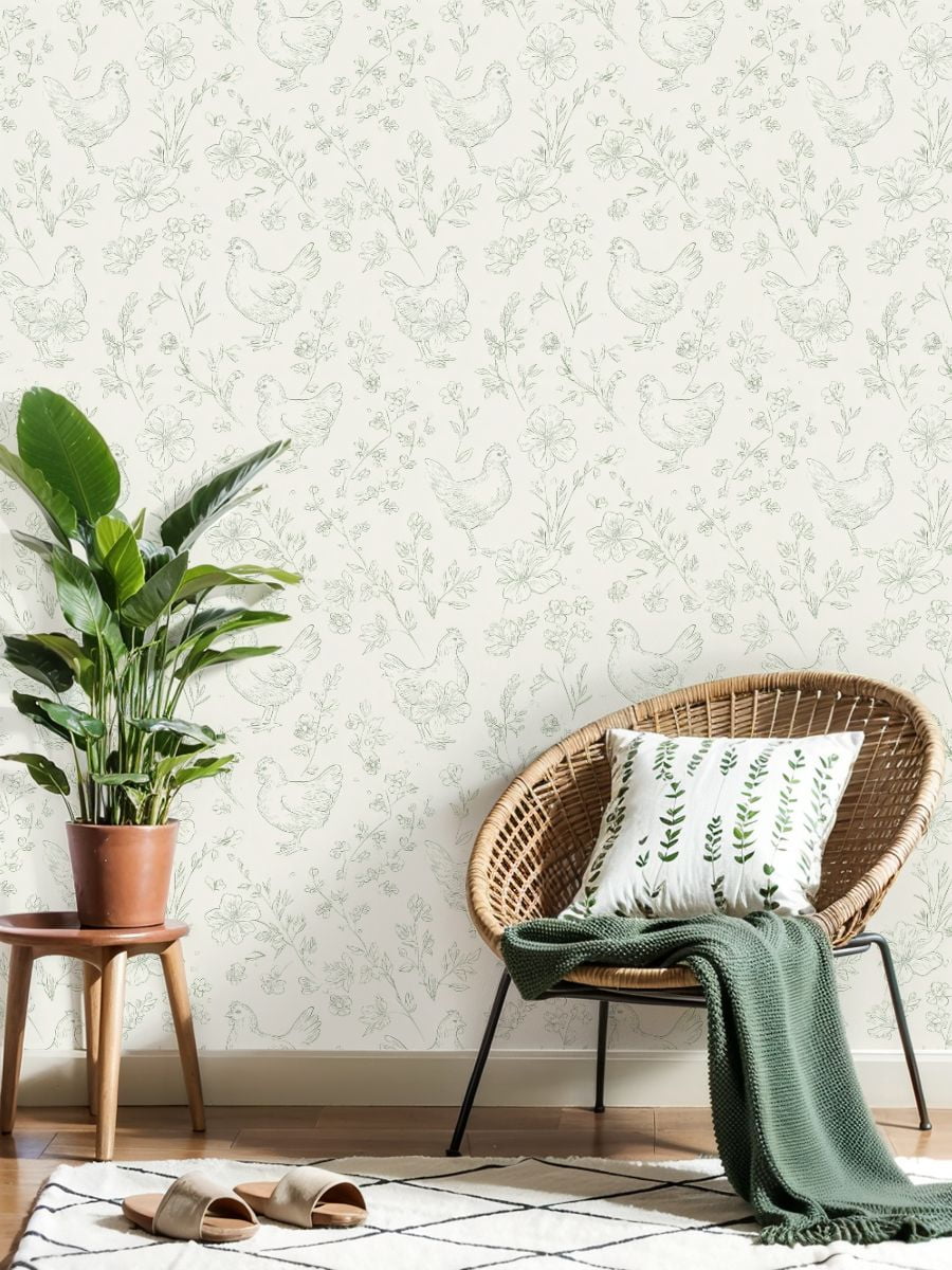 Peel and Stick Wallpaper 23.6in x 9.8ft Hand Drawn Chicken Floral Soft Green Tones Contact Paper Vinyl Waterproof Self Adhesive Wall Paper for Bedroom Shelf Cabinet Renter Friendly