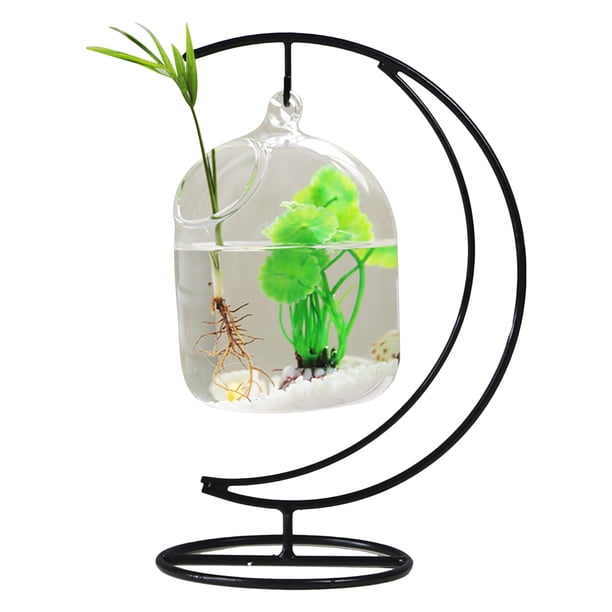 Tanque de peces pequeños de vidrio transparente, tanque de peces de colores colgantes de hierro, tanque de peces betta, tanque de luna + 12 jaula + material decorativo: hierro + vidrio, estante: